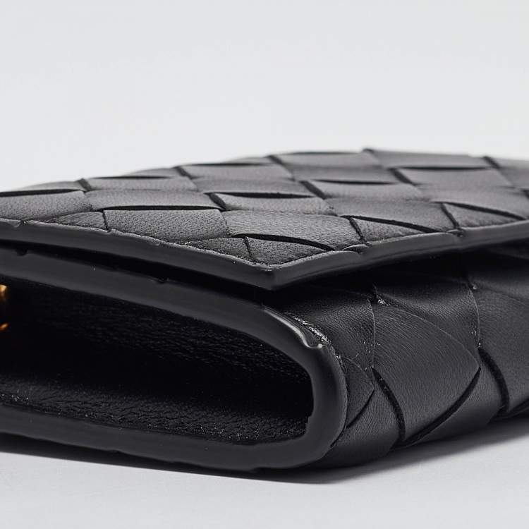 Pre Owned Bottega Veneta Black Intrecciato Leather Trio Card Case On Chain 