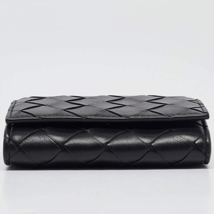 Pre Owned Bottega Veneta Black Intrecciato Leather Trio Card Case On Chain 