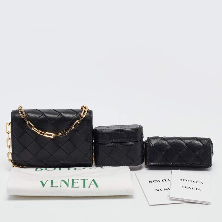 Pre Owned Bottega Veneta Black Intrecciato Leather Trio Card Case On Chain 