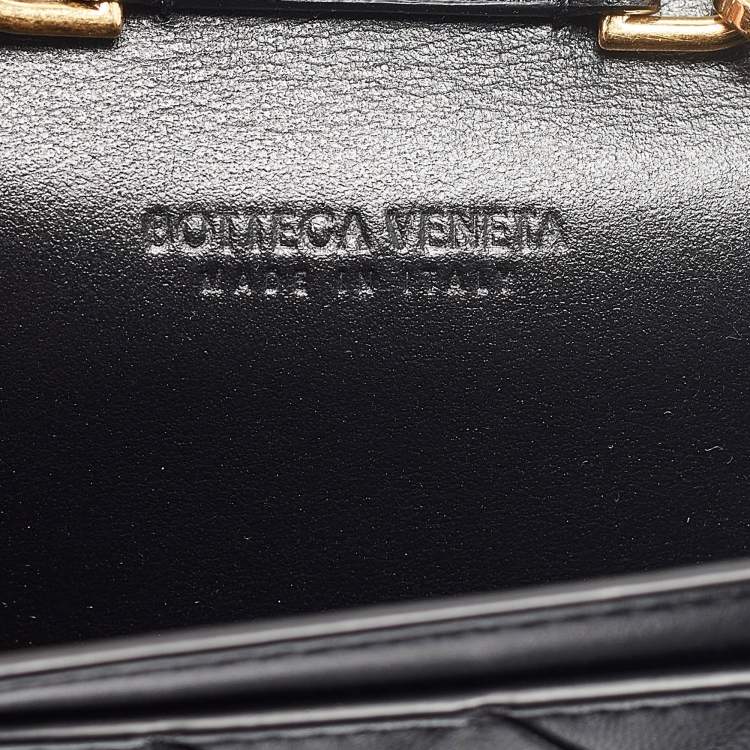 Pre Owned Bottega Veneta Black Intrecciato Leather Trio Card Case On Chain 