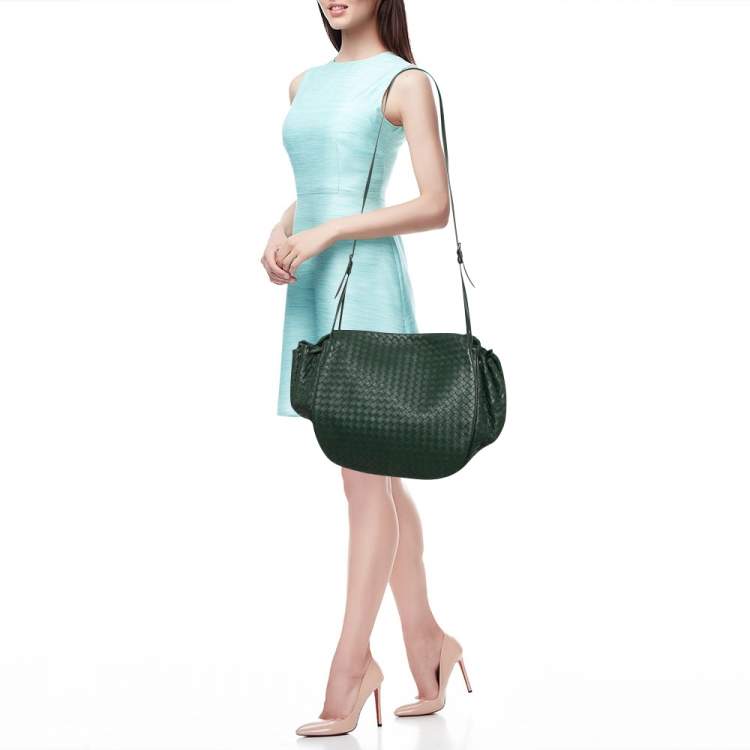 Pre Owned Bottega Veneta Green Intrecciato Leather Flap Messenger Bag