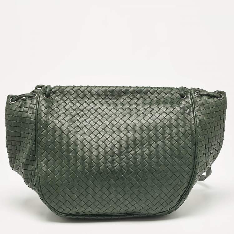 Pre Owned Bottega Veneta Green Intrecciato Leather Flap Messenger Bag