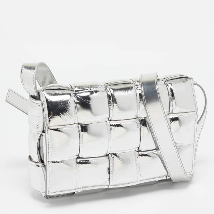 Pre Owned Bottega Veneta Silver Leather Intrecciato Cassette Padded Shoulder Bag