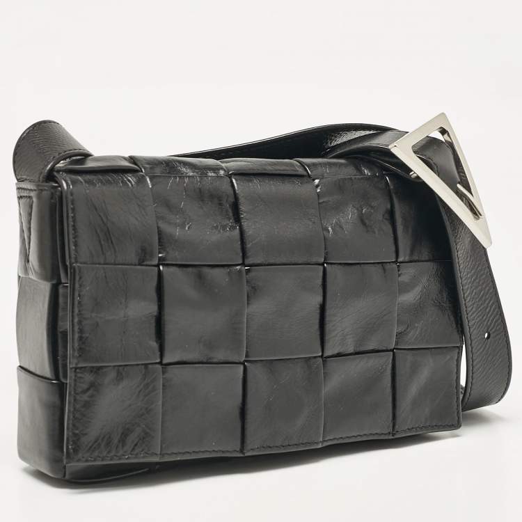 Pre Owned Bottega Veneta Black Intreccio Leather Cassette Crossbody Bag