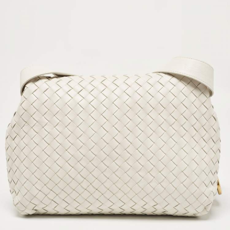 Pre Owned Bottega Veneta White Intrecciato Leather Fold Shoulder Bag