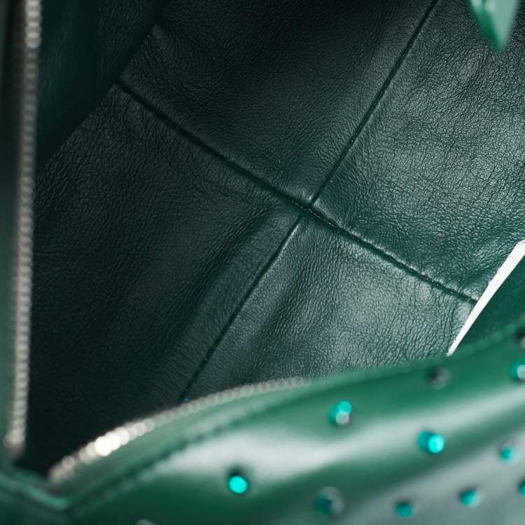 Pre Owned Bottega Veneta Dark Green Leather Crystals Embellished Double Knot Bag
