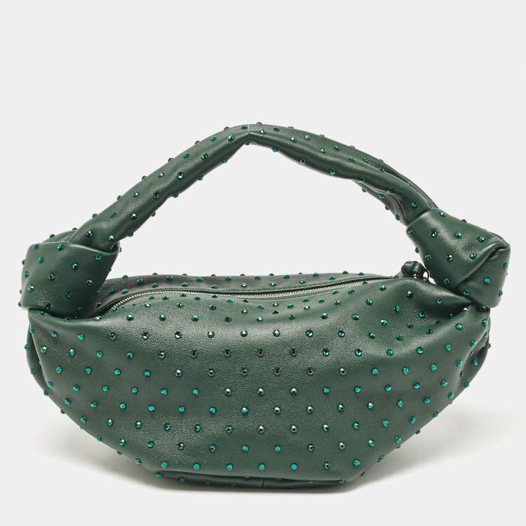 Pre Owned Bottega Veneta Dark Green Leather Crystals Embellished Double Knot Bag