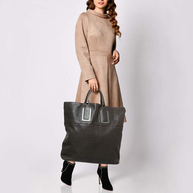 Pre Owned Bottega Veneta Choco Brown Leather Oversized Tote