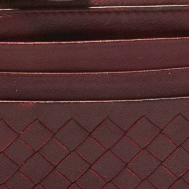 Pre Owned Bottega Veneta Burgundy Intrecciato Leather Zip Card Holder 