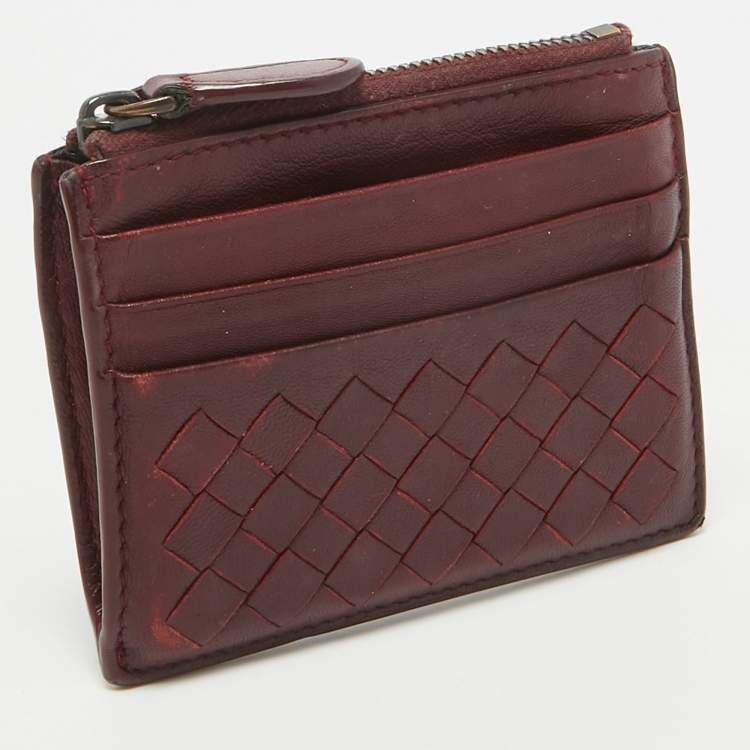 Pre Owned Bottega Veneta Burgundy Intrecciato Leather Zip Card Holder 
