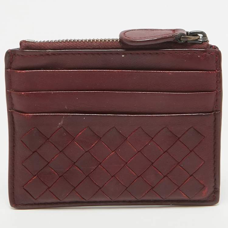 Pre Owned Bottega Veneta Burgundy Intrecciato Leather Zip Card Holder 