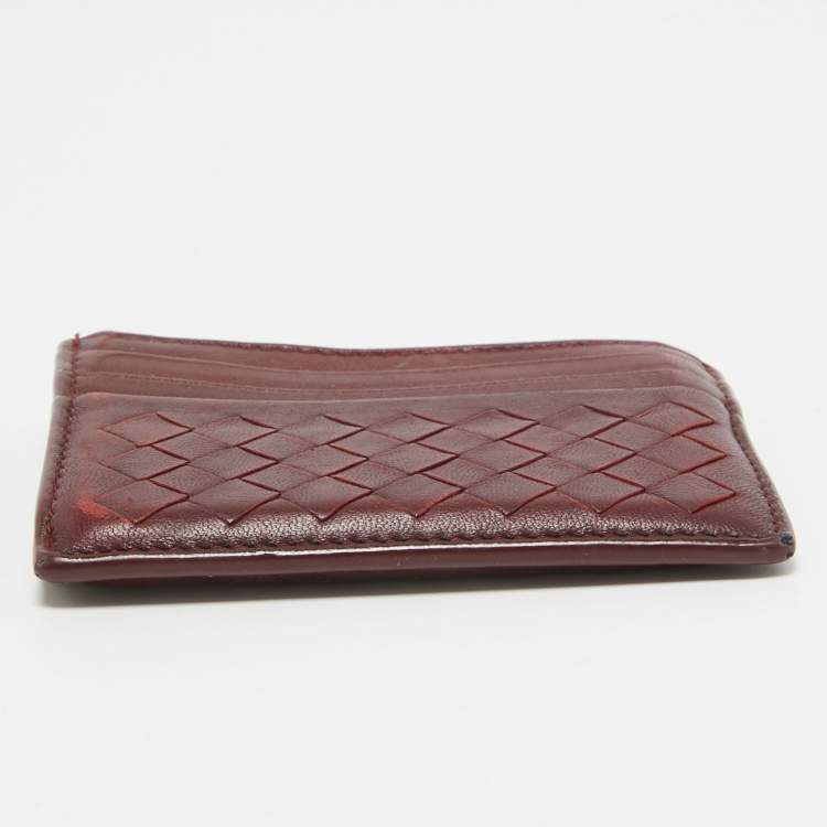 Pre Owned Bottega Veneta Burgundy Intrecciato Leather Zip Card Holder 