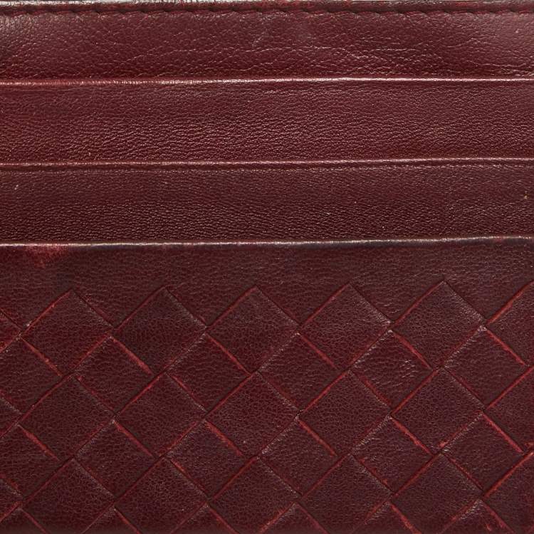 Pre Owned Bottega Veneta Burgundy Intrecciato Leather Zip Card Holder 