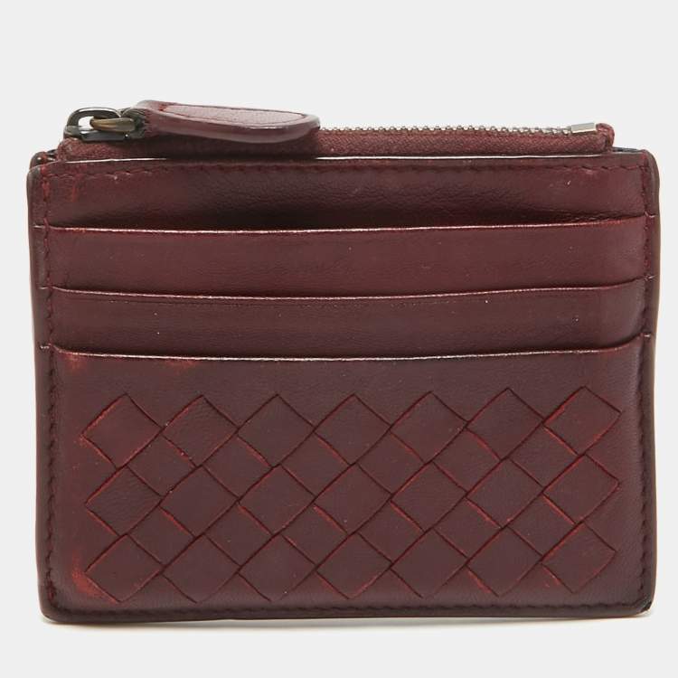 Pre Owned Bottega Veneta Burgundy Intrecciato Leather Zip Card Holder 