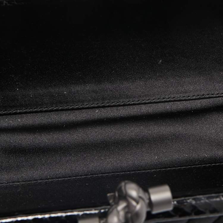 Pre Owned Bottega Veneta Black Intrecciato Satin and Watersnake Leather Knot Long Clutch
