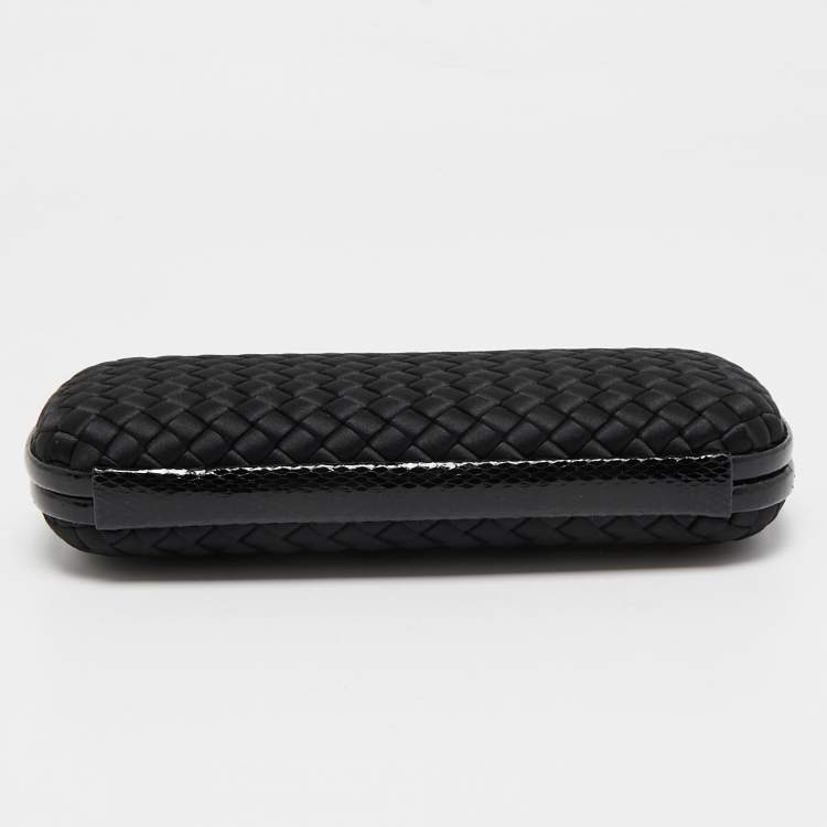 Pre Owned Bottega Veneta Black Intrecciato Satin and Watersnake Leather Knot Long Clutch