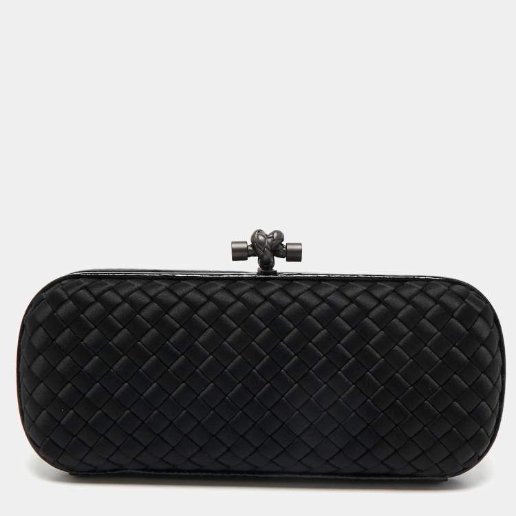 Pre Owned Bottega Veneta Black Intrecciato Satin and Watersnake Leather Knot Long Clutch