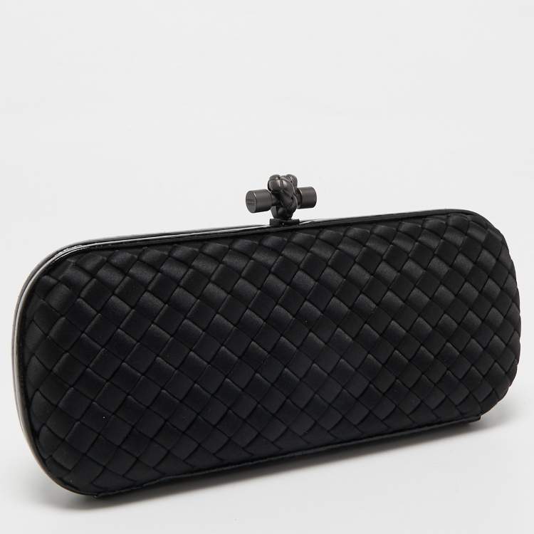 Pre Owned Bottega Veneta Black Intrecciato Satin and Watersnake Leather Knot Long Clutch