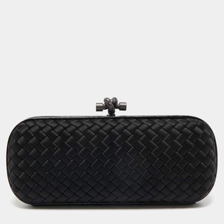 Pre Owned Bottega Veneta Black Intrecciato Satin and Watersnake Leather Knot Long Clutch