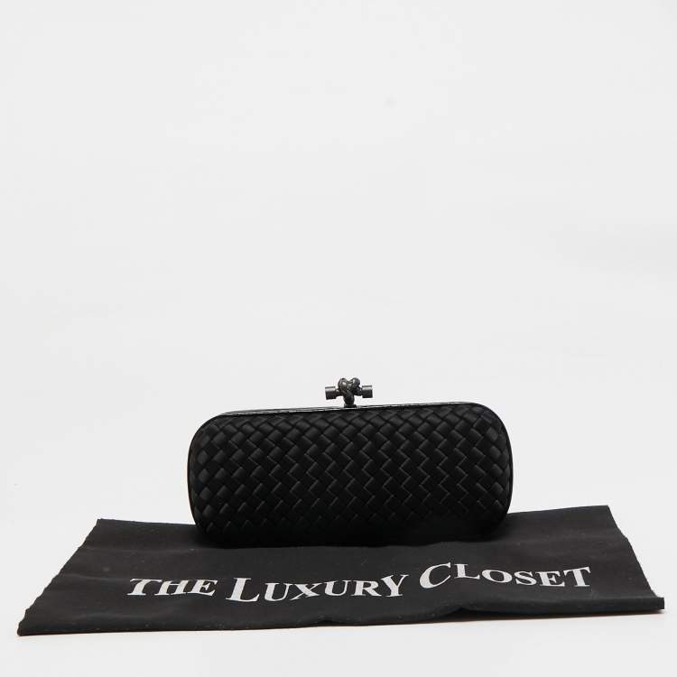 Pre Owned Bottega Veneta Black Intrecciato Satin and Watersnake Leather Knot Long Clutch