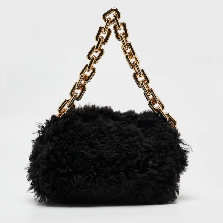 Pre Owned Bottega Veneta Black Shearling Fur Classic The Pouch Chain Clutch