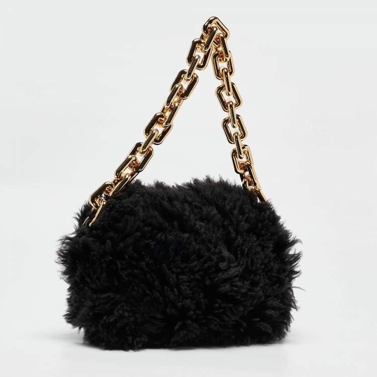 Pre Owned Bottega Veneta Black Shearling Fur Classic The Pouch Chain Clutch