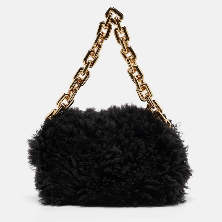Pre Owned Bottega Veneta Black Shearling Fur Classic The Pouch Chain Clutch