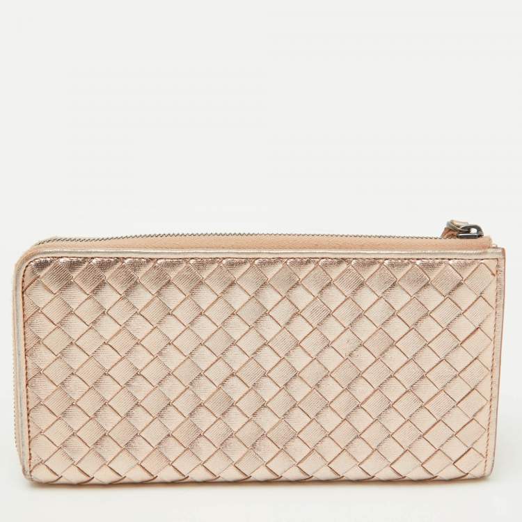 Pre Owned Bottega Veneta Metallic Intrecciato Leather Zip Around Wallet