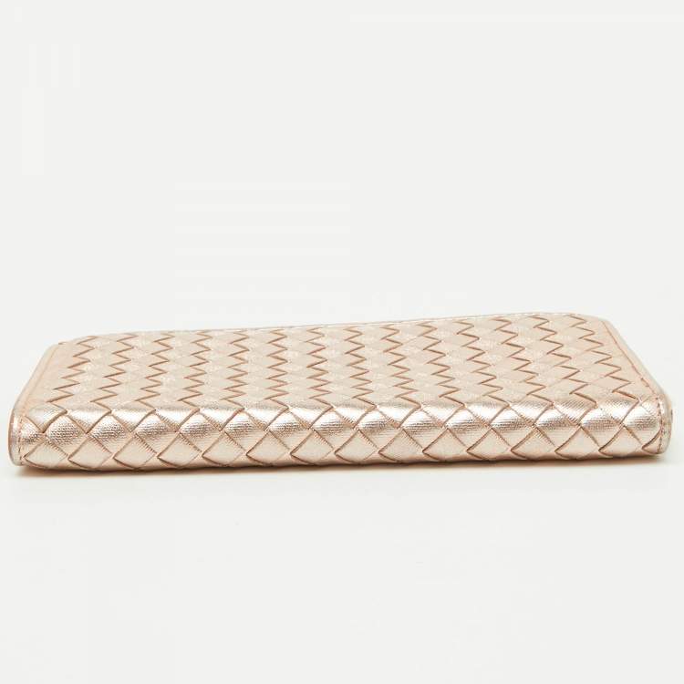 Pre Owned Bottega Veneta Metallic Intrecciato Leather Zip Around Wallet