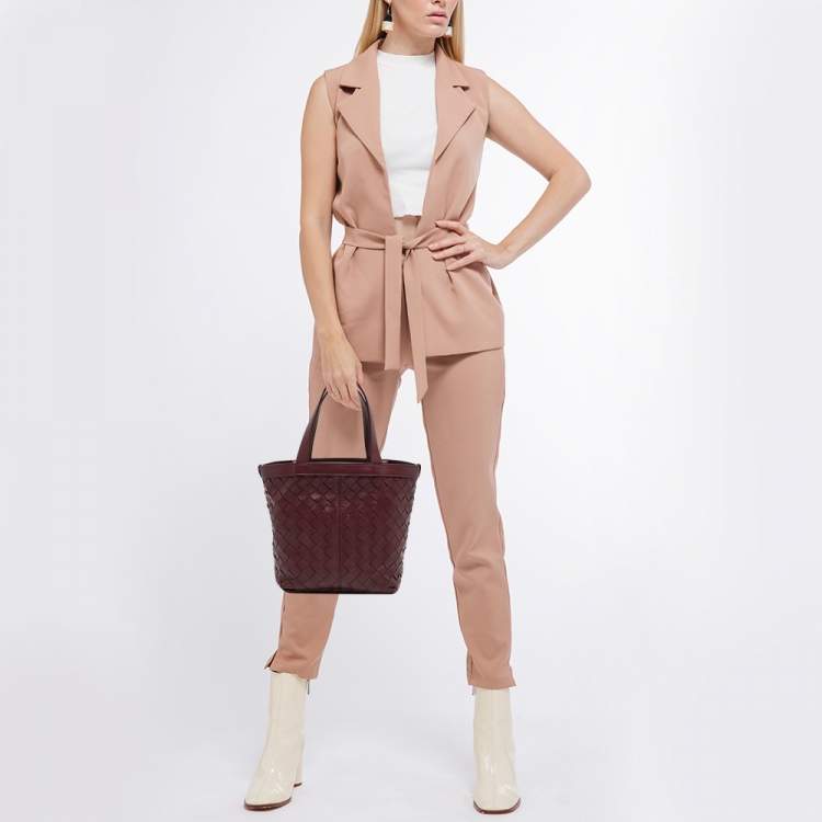 Pre Owned Bottega Veneta Burgundy Intrecciato Leather Flip Flap Tote