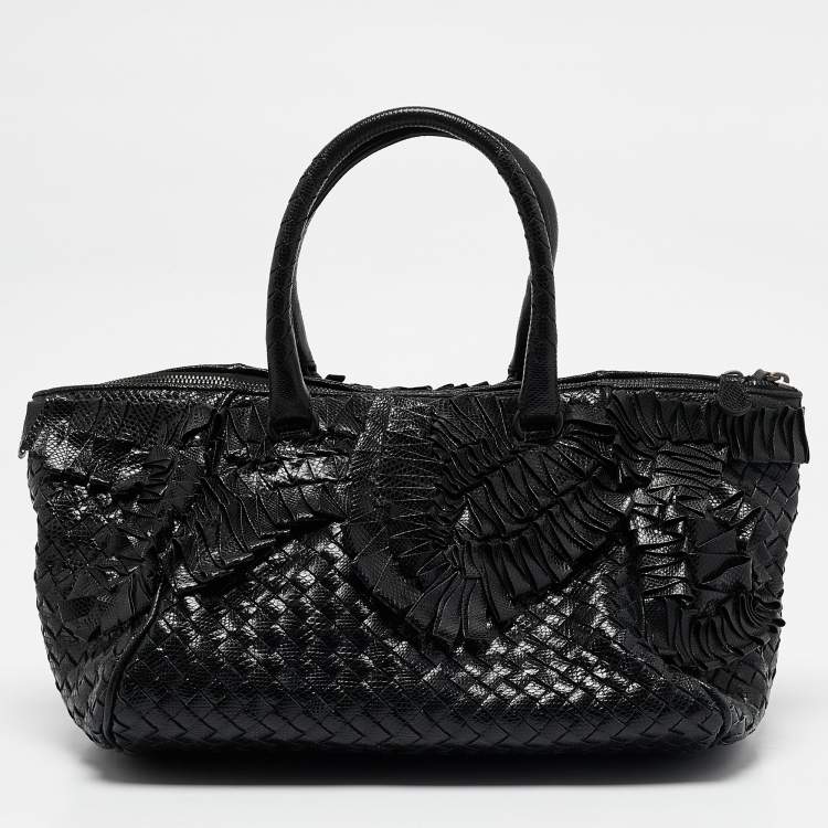 Pre Owned Bottega Veneta Black Intrecciato Lizard Ruffled Satchel