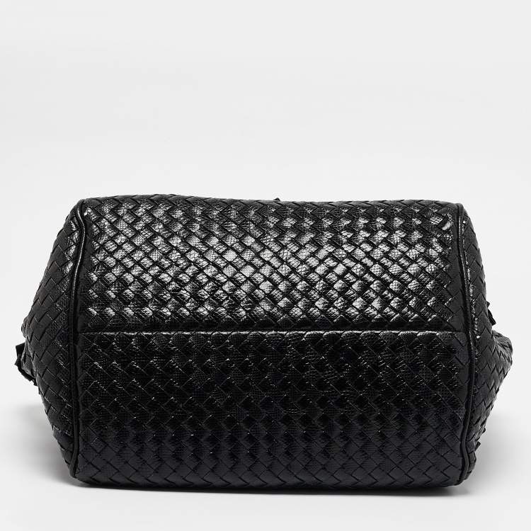 Pre Owned Bottega Veneta Black Intrecciato Lizard Ruffled Satchel