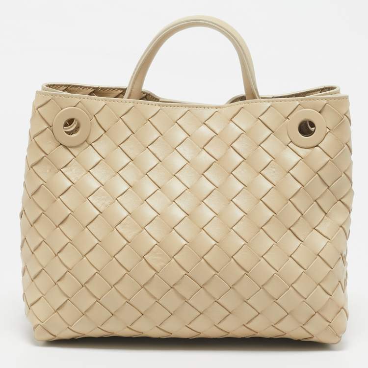 Pre Owned Bottega Veneta Cream Intrecciato Leather Small Andiamo Tote
