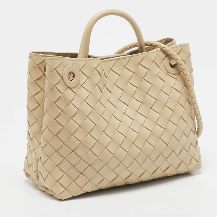 Pre Owned Bottega Veneta Cream Intrecciato Leather Small Andiamo Tote