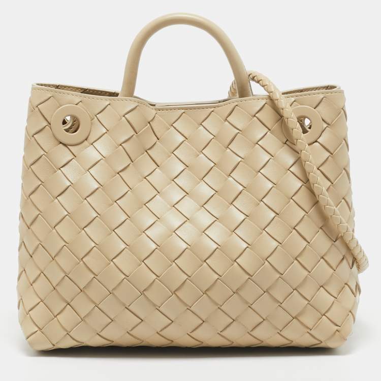 Pre Owned Bottega Veneta Cream Intrecciato Leather Small Andiamo Tote