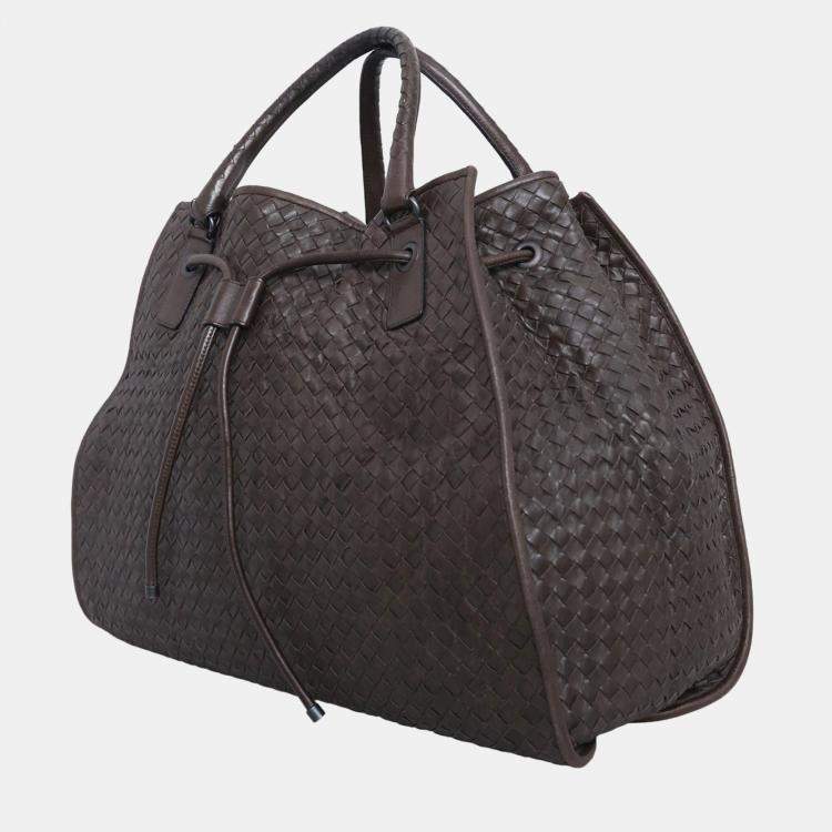 Pre Owned Bottega Veneta Dark Brown Intrecciato Drawstring Tote Bag