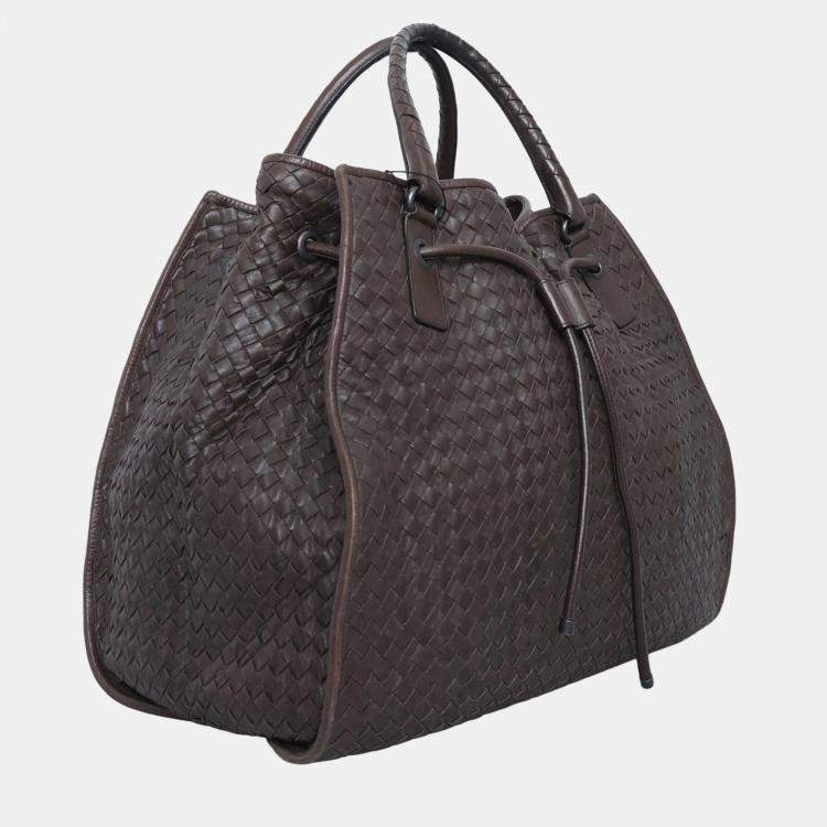 Pre Owned Bottega Veneta Dark Brown Intrecciato Drawstring Tote Bag