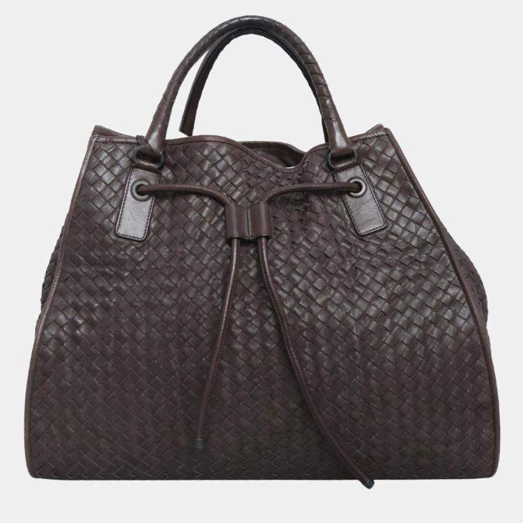 Pre Owned Bottega Veneta Dark Brown Intrecciato Drawstring Tote Bag