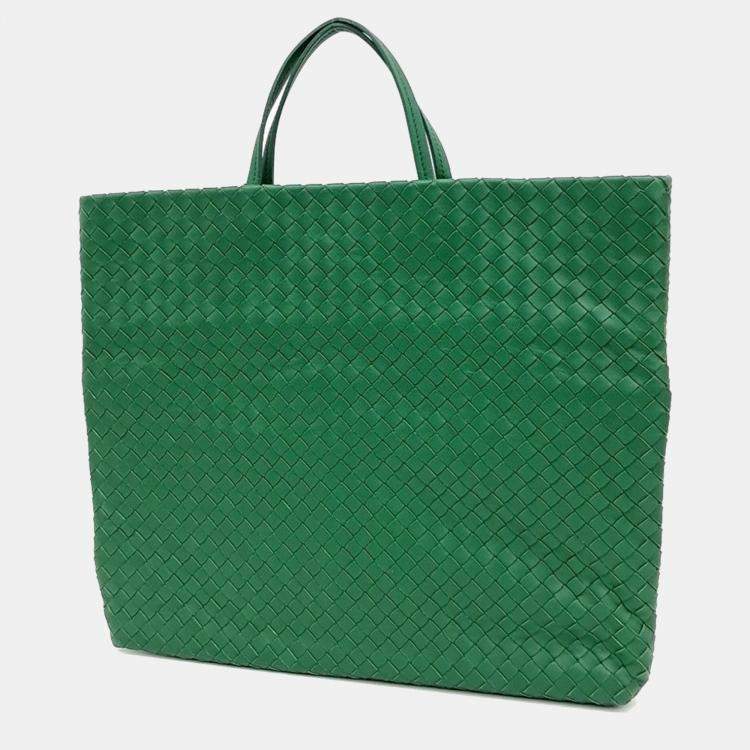 Pre Owned Bottega Veneta Green Leather Mesh Tote And Shoulder Bag