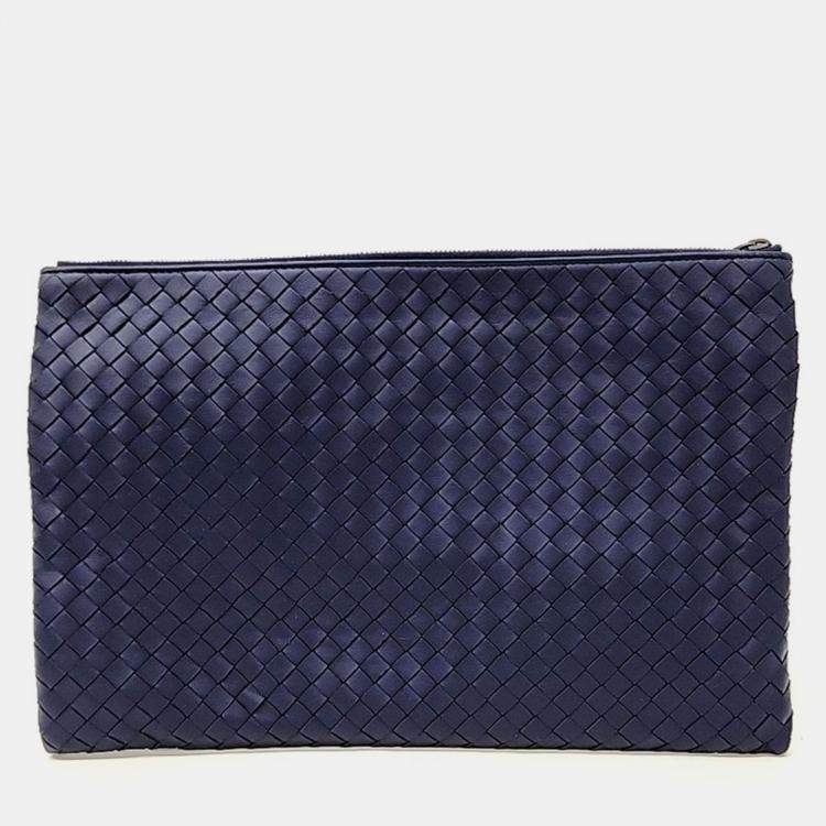Pre Owned Bottega Veneta Navy Blue Leather Mesh Clutch