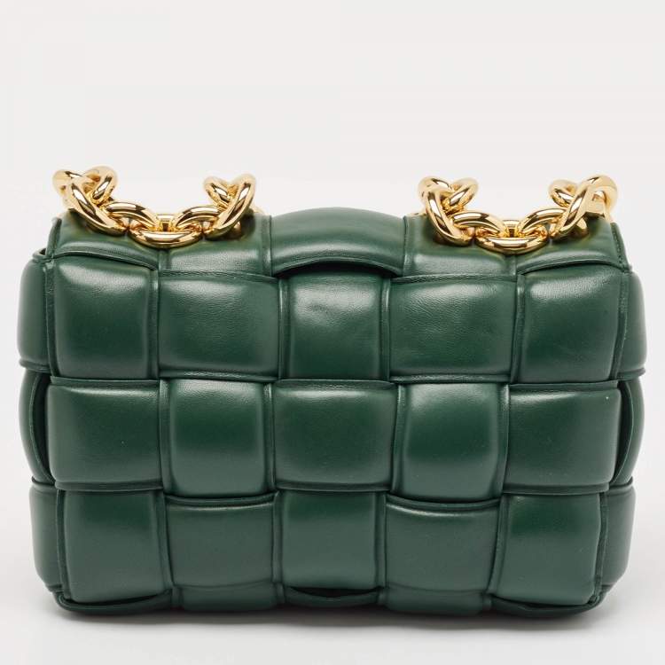 Pre Owned Bottega Veneta Green Leather Padded Chain Cassette Top Handle Bag