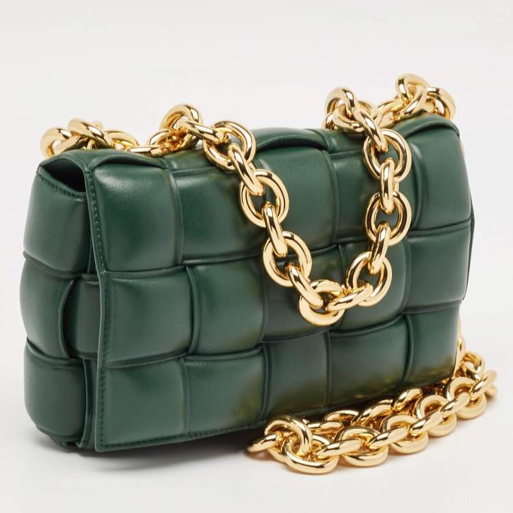 Pre Owned Bottega Veneta Green Leather Padded Chain Cassette Top Handle Bag