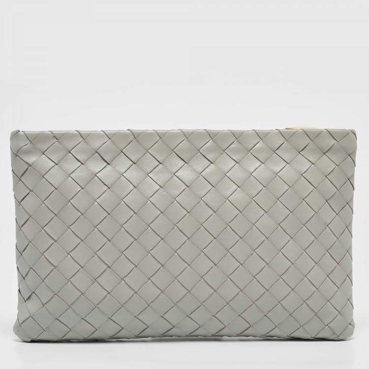 Pre Owned Bottega Veneta Grey Intrecciato Leather Zip Pochette