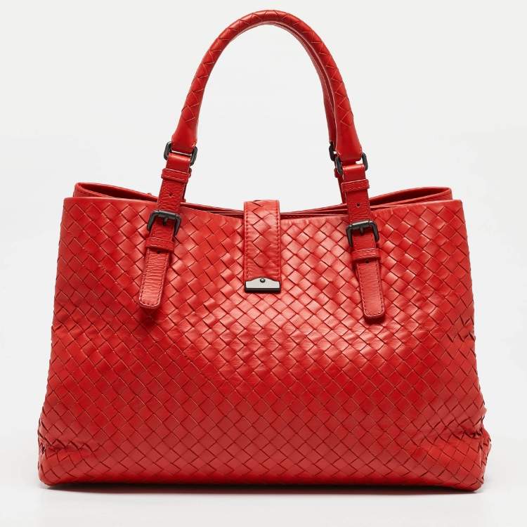 Pre Owned Bottega Veneta Red Intrecciato Leather Medium Roma Tote