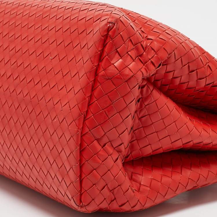 Pre Owned Bottega Veneta Red Intrecciato Leather Medium Roma Tote