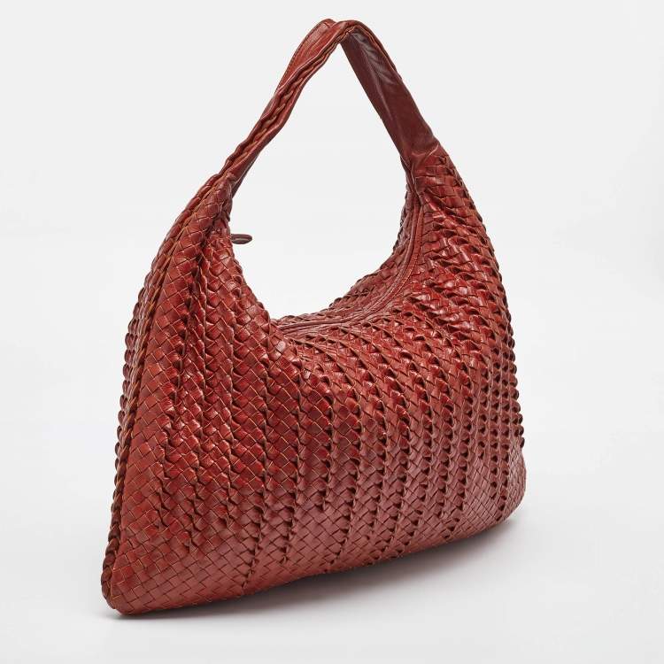 Pre Owned Bottega Veneta Dark Red Twist Intrecciato Leather Large Veneta Hobo