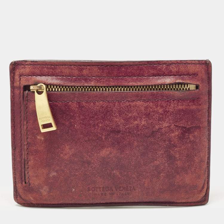 Pre Owned Bottega Veneta Burgundy Intrecciato Leather Zip Card Holder