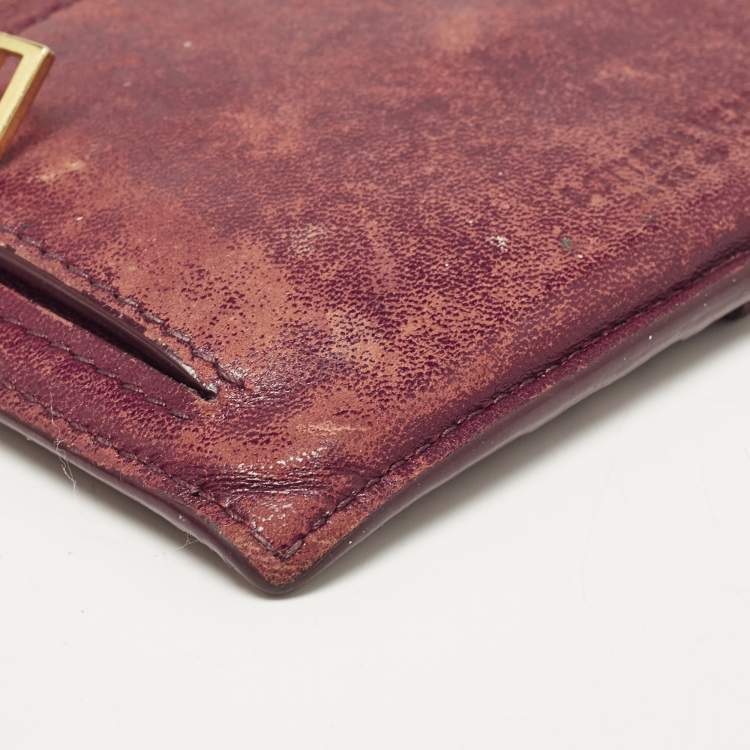 Pre Owned Bottega Veneta Burgundy Intrecciato Leather Zip Card Holder
