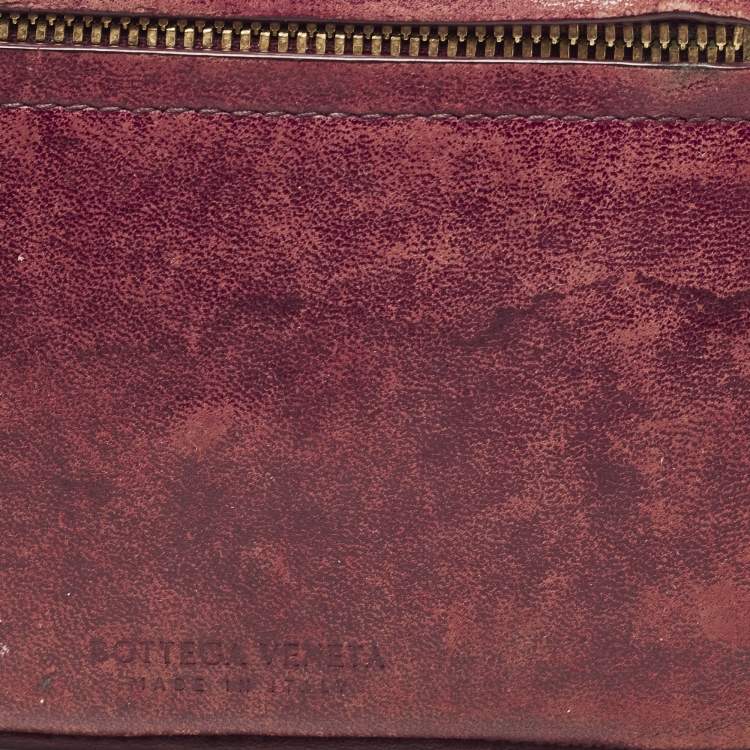 Pre Owned Bottega Veneta Burgundy Intrecciato Leather Zip Card Holder