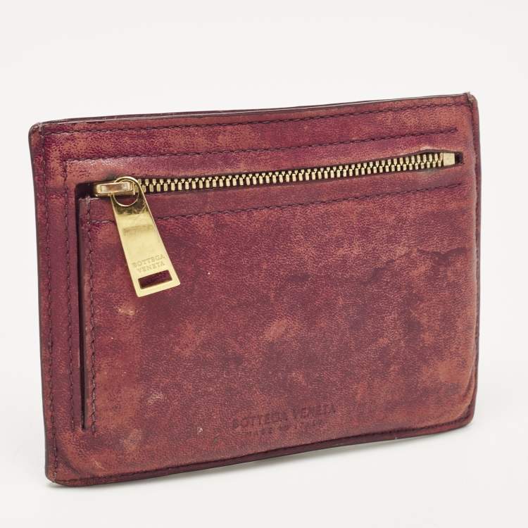 Pre Owned Bottega Veneta Burgundy Intrecciato Leather Zip Card Holder